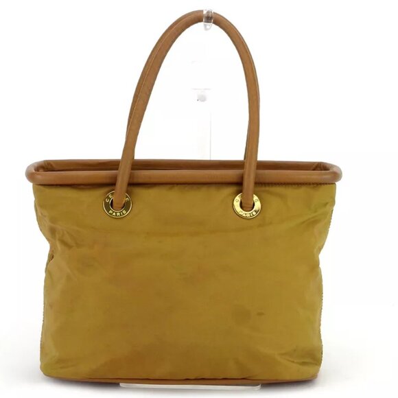 CELINE tote bag beige nylon ?~ leather Authentic used H719 - Picture 1 of 9